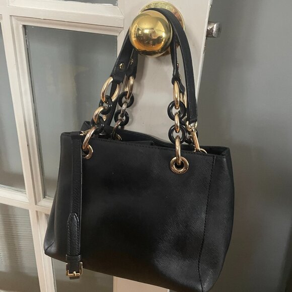 Michael Kors Small Cynthia Satchel Crossbody Black Leather - Picture 1 of 11